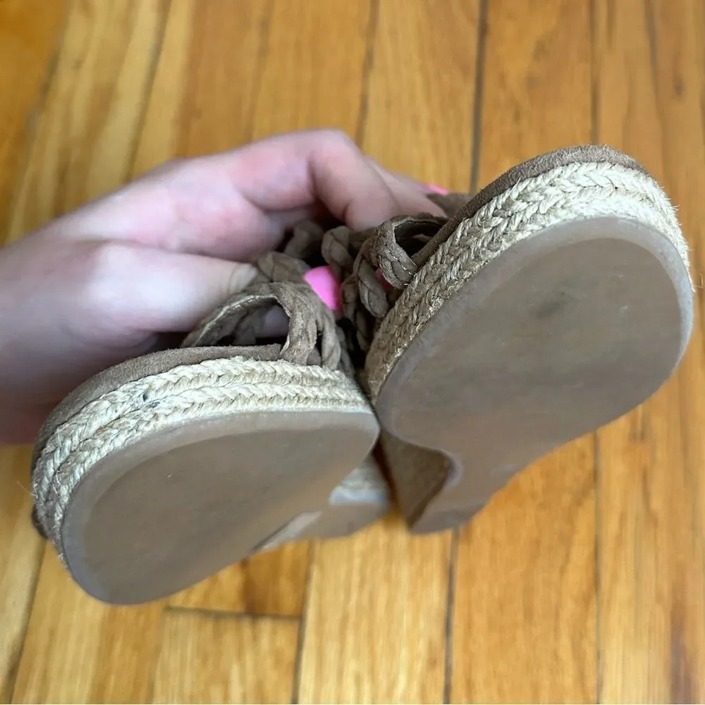 Prada wedges braised‎ rope 100% leather suede beige tan woven Sandal size 9.5